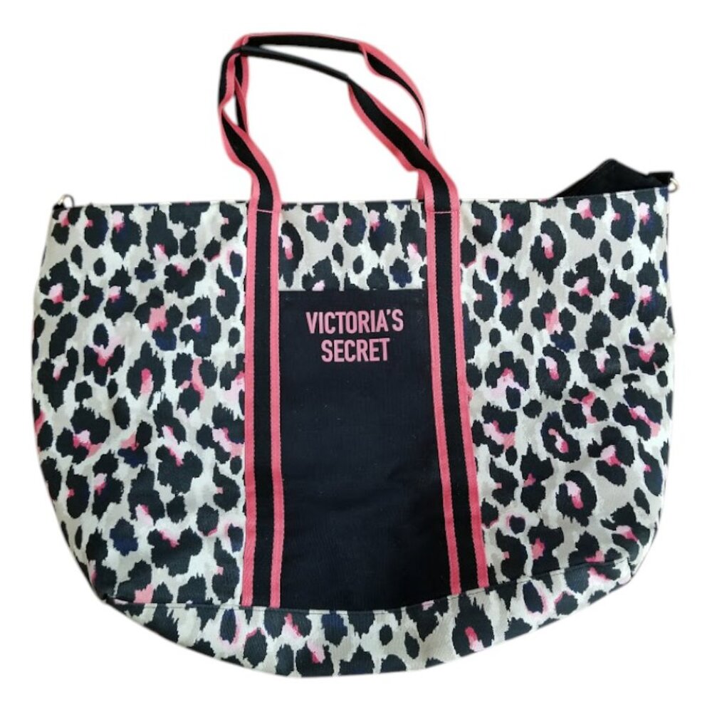 Victoria's Secret Zip Top Tote VS Pink Leopard Print Canvas Weekender Tote Bag